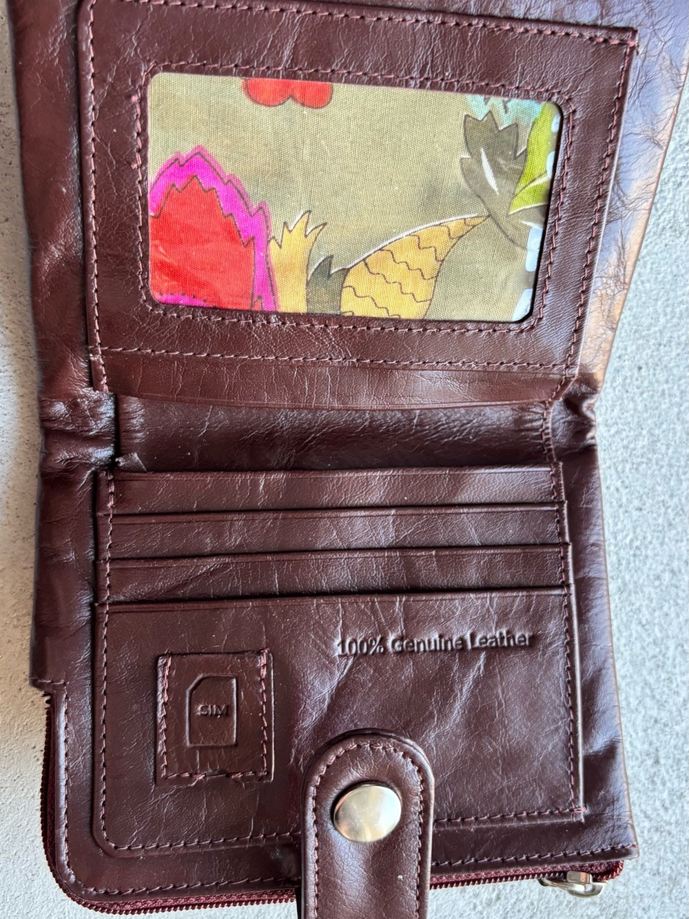 Brown Genuine Leather Bi-Fold Wallet with Floral ID Window